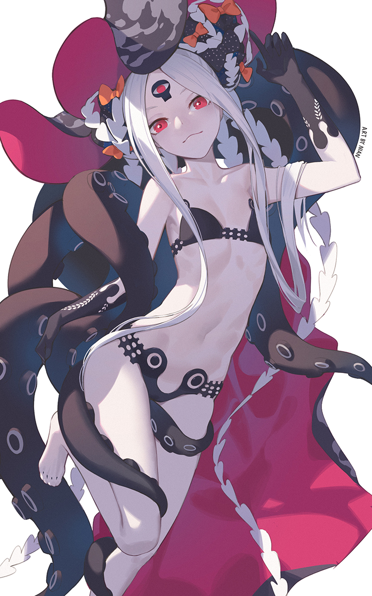 1girl abigail_williams_(fate/grand_order) abigail_williams_(swimsuit_foreigner)_(fate) bangs bare_shoulders barefoot bikini black_bikini black_bow bow breasts closed_mouth collarbone double_bun fate/grand_order fate_(series) forehead highres keyhole legs long_hair looking_at_viewer micro_bikini multiple_bows navel nian orange_bow parted_bangs red_eyes sidelocks small_breasts smile swimsuit tentacles thighs third_eye very_long_hair white_background white_hair white_skin