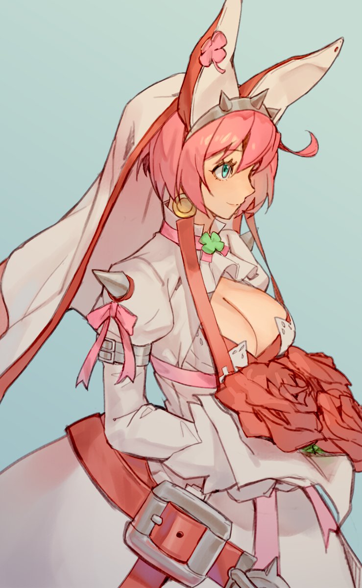 1girl ahoge belt blue_eyes breasts bridal_veil cleavage_cutout clover collar dress earrings elphelt_valentine english_commentary flower four-leaf_clover from_side guilty_gear guilty_gear_xrd highres huge_ahoge jewelry large_breasts long_sleeves pink_hair pink_ribbon puffy_long_sleeves puffy_sleeves red_flower red_rose ribbon rose spikes uncle_rabbit_ii veil wedding_dress