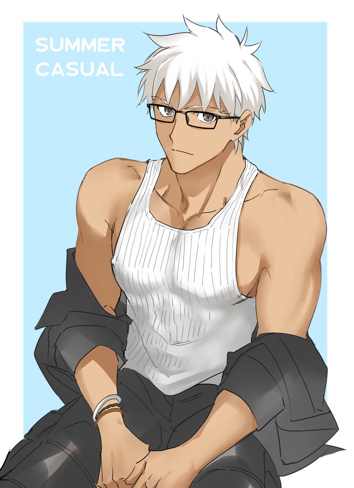 1boy archer bracelet brown_eyes chest dark_skin dark_skinned_male emya english_text fate/grand_order fate/stay_night fate_(series) glasses jewelry looking_at_viewer male_focus muscle pectorals short_hair simple_background summer_casual_(fate/grand_order) tank_top undressing white_hair