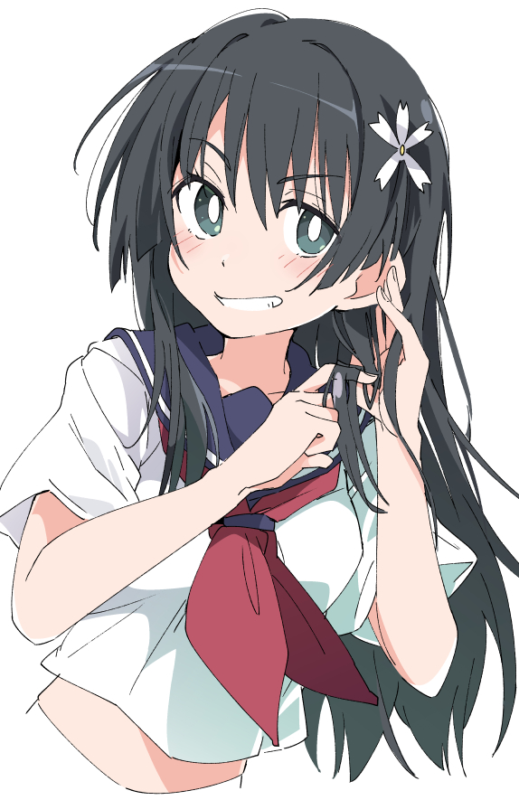 1girl black_eyes black_hair clenched_teeth eyebrows_visible_through_hair ixy long_hair midriff red_neckwear saten_ruiko school_uniform serafuku short_sleeves simple_background smile solo teeth to_aru_kagaku_no_railgun to_aru_majutsu_no_index white_background