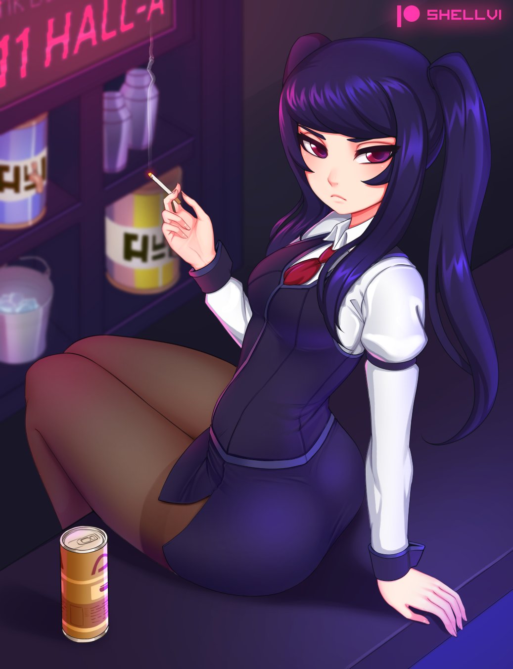 1girl arm_strap artist_name bangs bartender blurry blurry_background breasts brown_legwear bucket can cigarette collared_shirt commentary copyright_name frown highres holding holding_cigarette indoors jill_stingray juliet_sleeves long_hair long_sleeves looking_at_viewer medium_breasts necktie pantyhose patreon_logo puffy_sleeves purple_hair red_eyes red_neckwear shellvi shirt sitting skirt smoke solo swept_bangs twintails va-11_hall-a vest white_shirt