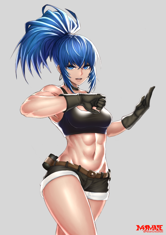1girl abs artist_name bare_shoulders belt blue_eyes blue_hair breasts choker commentary_request cowboy_shot earrings gloves grey_background hair_between_eyes jewelry leona_heidern looking_at_viewer masamune_oekaki medium_breasts midriff muscle muscular_female navel open_mouth ponytail shorts simple_background sleeveless solo standing teeth the_king_of_fighters tongue twitter_username watermark
