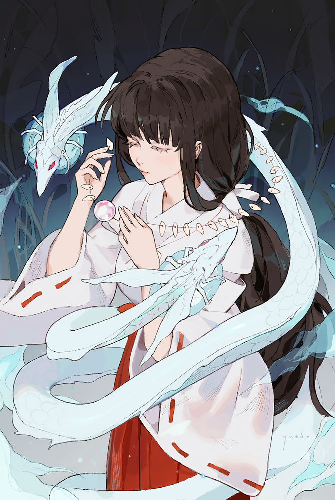 1girl bangs black_hair blunt_bangs breasts closed_eyes closed_mouth cowboy_shot eyelashes floating gem hakama hands_up holding inuyasha japanese_clothes jewelry kikyou_(inuyasha) large_breasts long_hair long_sleeves low_ponytail miko necklace pink_lips red_eyes red_hakama ribbon-trimmed_sleeves ribbon_trim shikon_no_tama shinidamachuu sidelocks solo sphere standing tied_hair very_long_hair youkai yueko_(jiayue_wu)