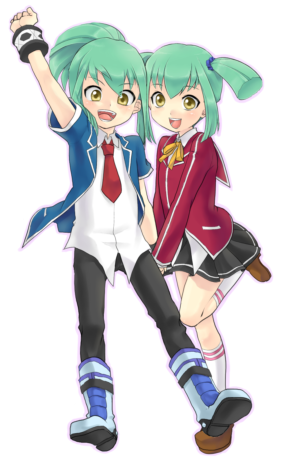 1boy 1girl :d arm_up bangs black_pants black_skirt blue_jacket brother_and_sister brown_footwear collared_shirt dress_shirt duel_academy_uniform_(yuu-gi-ou_5d's) eyebrows_visible_through_hair green_hair hair_between_eyes highres holding_hands jacket lua lua_(yu-gi-oh!) luca_(yu-gi-oh!) mechakucha miniskirt neck_ribbon necktie open_clothes open_jacket open_mouth pants pleated_skirt ponytail red_jacket red_neckwear red_sailor_collar ribbon sailor_collar shiny shiny_hair shirt siblings skirt smile standing standing_on_one_leg twins twintails white_legwear white_shirt wing_collar yellow_eyes yellow_ribbon yuu-gi-ou yuu-gi-ou_5d's