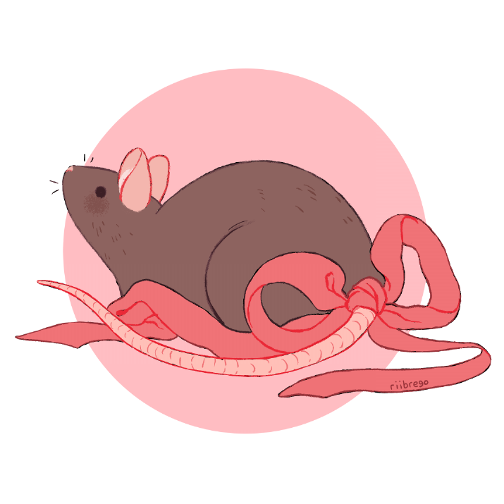 animal animal_focus circle commentary english_commentary from_side full_body no_humans original pink_background pink_ribbon rat ribbon rii_abrego signature simple_background solo tail tail_ribbon two-tone_background white_background