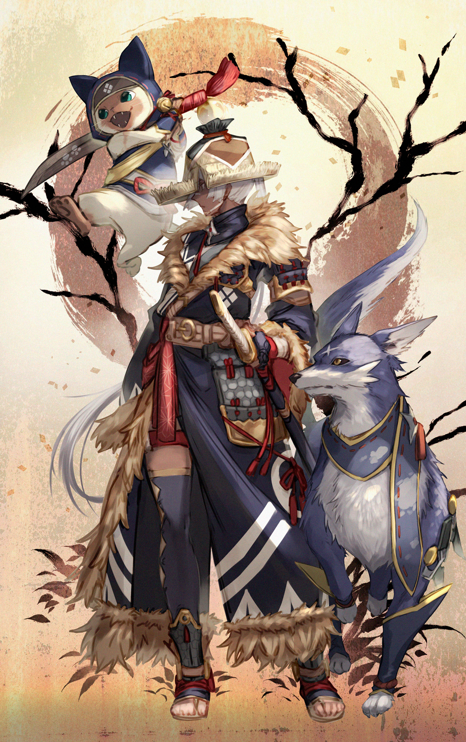 1girl animal_hood canyne cat_hood fangs felyne fur_trim hat highres hood long_hair looking_to_the_side mito_itsuki monster_hunter monster_hunter_rise ponytail sandals scabbard scar scarf sheath silver_hair standing straw_hat thigh-highs very_long_hair