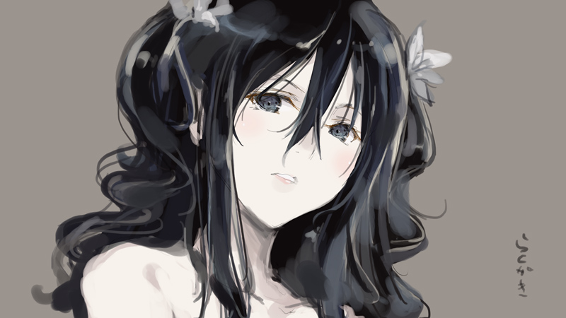 1girl black_eyes black_hair eyebrows eyebrows_visible_through_hair flower fubuki_(senran_kagura) grey_background hair_between_eyes hair_flower hair_ornament lips long_hair looking_at_viewer oil_painting_(medium) painting pale_skin parted_lips senran_kagura senran_kagura_new_link teeth traditional_media upper_body yaegashi_nan