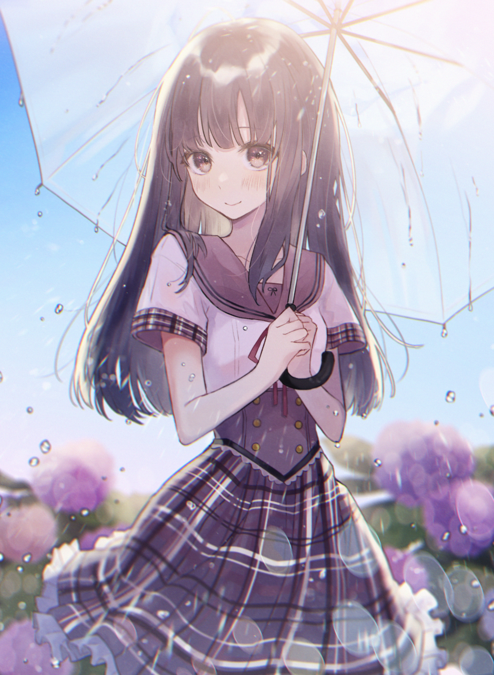 1girl bangs blush breasts brown_eyes brown_hair brown_sailor_collar brown_skirt closed_mouth commentary_request day flower frilled_skirt frills hands_up high-waist_skirt highres holding holding_umbrella hydrangea long_hair looking_at_viewer neck_ribbon necojishi original outdoors pink_flower plaid plaid_skirt purple_flower rain red_ribbon ribbon sailor_collar school_uniform serafuku short_sleeves skirt small_breasts smile solo standing transparent transparent_umbrella umbrella