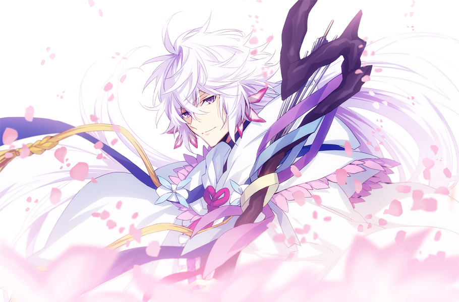 1boy ahoge bangs bishounen center_frills fate/grand_order fate_(series) flower flower_knot hair_between_eyes hair_ornament holding holding_staff holding_weapon hood hood_down hooded_robe light_smile long_hair looking_at_viewer male_focus merlin_(fate) multicolored_hair petals pink_ribbon ribbon robe simple_background smile solo staff tassel turtleneck two-tone_hair upper_body very_long_hair violet_eyes weapon white_background white_hair white_robe xia_(ryugo)