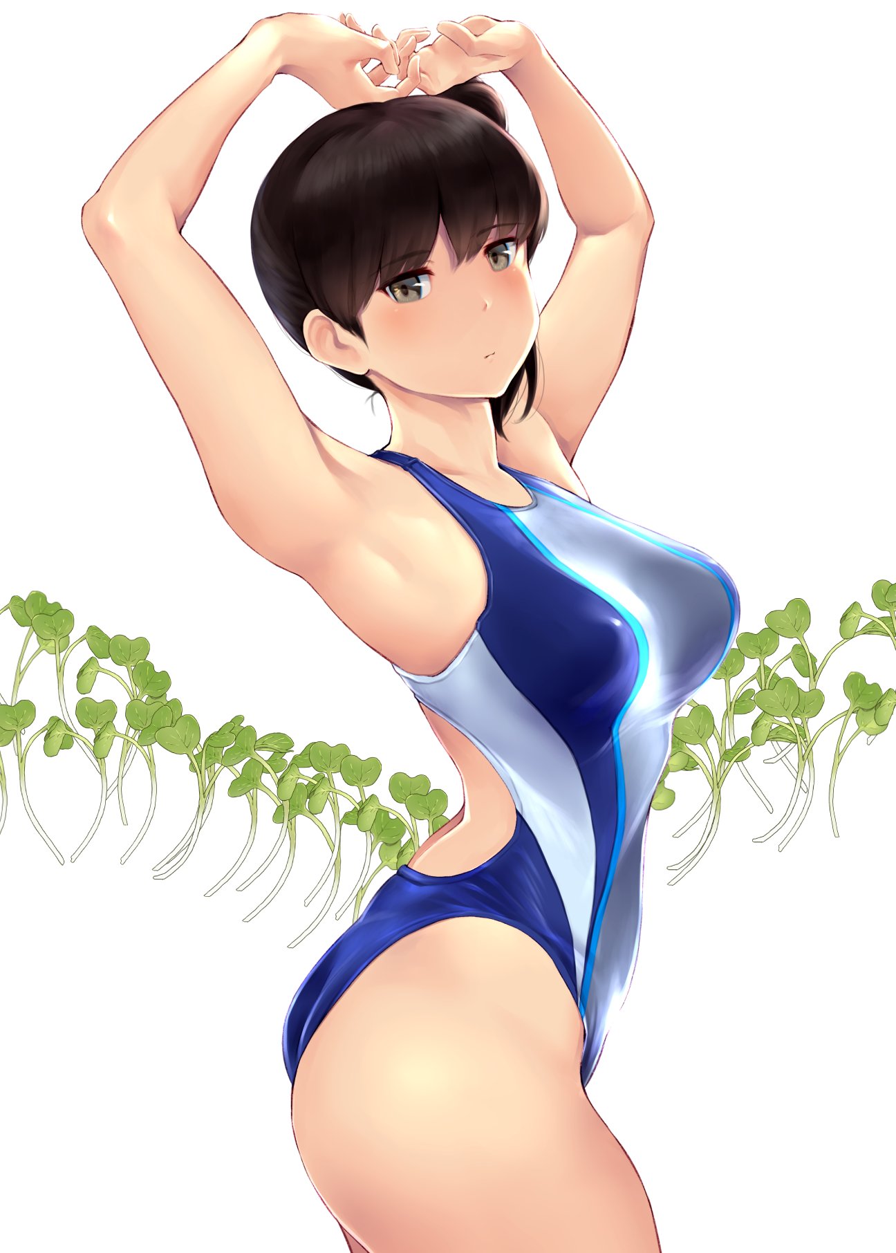 1girl armpits arms_up ass bangs bare_arms blush breasts brown_eyes brown_hair closed_mouth commentary_request expressionless eyebrows_visible_through_hair highleg highleg_swimsuit highres kaga_(kantai_collection) kantai_collection long_hair looking_at_viewer medium_breasts one-piece_swimsuit simple_background solo swimsuit thighs tied_hair two-tone_swimsuit wa_(genryusui) white_background