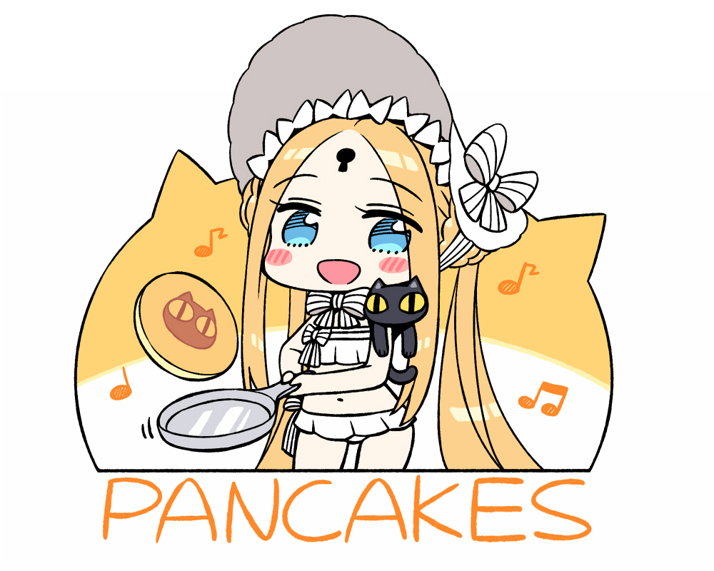 1girl :d abigail_williams_(fate/grand_order) abigail_williams_(swimsuit_foreigner)_(fate) animal bangs bare_arms bare_shoulders beamed_eighth_notes bikini black_cat blonde_hair blue_eyes blush_stickers bonnet bow cat chan_co chibi commentary_request cowboy_shot eighth_note english_text eyebrows_visible_through_hair fate/grand_order fate_(series) food frying_pan hair_bow holding keyhole long_hair looking_at_viewer musical_note navel open_mouth pancake parted_bangs quarter_note smile solo standing strapless strapless_bikini striped striped_bow swimsuit very_long_hair white_bikini white_bow white_headwear