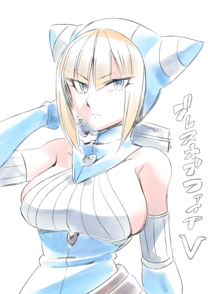 1girl animal_ears animal_hood blue_eyes breasts breath_of_fire breath_of_fire_v cat_ears cat_hood closed_mouth dress gun hood large_breasts lin_(breath_of_fire) looking_at_viewer short_hair simple_background solo tukiwani weapon white_background