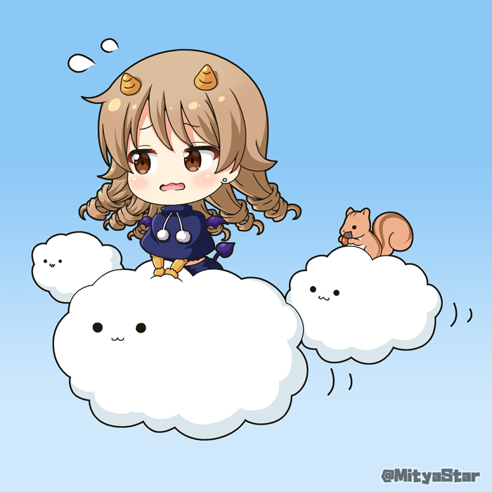 1girl :3 animal blue_background blue_capelet blush brown_eyes brown_hair capelet chibi closed_mouth clouds commentary_request demon_tail demon_wings earrings flying_sweatdrops gradient gradient_background horns idolmaster idolmaster_cinderella_girls jewelry long_hair miicha morikubo_nono parted_lips purple_wings ringlets solid_circle_eyes solo squirrel stud_earrings tail wavy_mouth wings