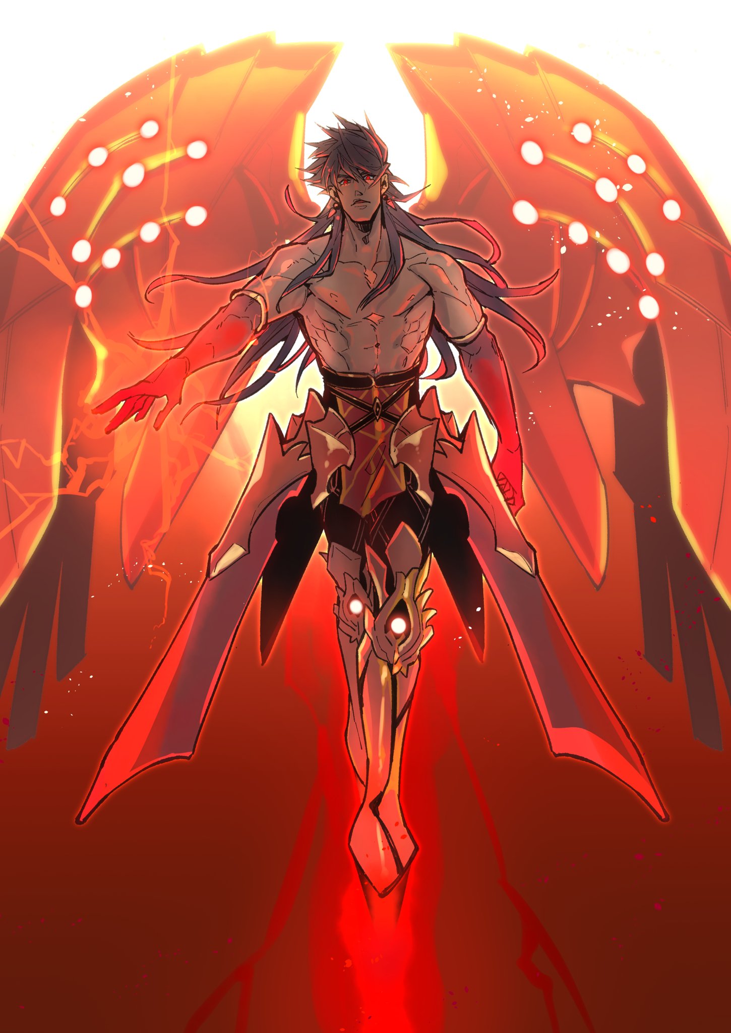 1boy abs armor bangs bare_shoulders chest detached_sleeves earrings eyebrows_visible_through_hair fate/grand_order fate_(series) floating full_body glowing golden_wings highres jewelry koryuu_(gackter10) long_hair looking_at_viewer male_focus romulus_quirinus_(fate/grand_order) shirtless very_long_hair