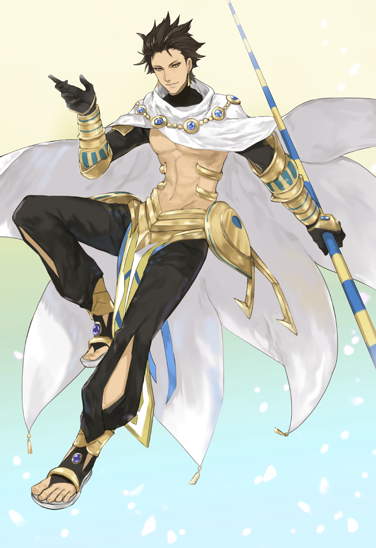 1boy abs ahoge black_gloves brown_hair cape dark_skin dark_skinned_male egyptian egyptian_clothes fate/grand_order fate/prototype fate/prototype:_fragments_of_blue_and_silver fate_(series) full_body gauntlets gloves holding holding_staff jewelry male_focus muscle necklace ozymandias_(fate) shirtless shrug_(clothing) simple_background solo staff white_cape yellow_eyes yepnean