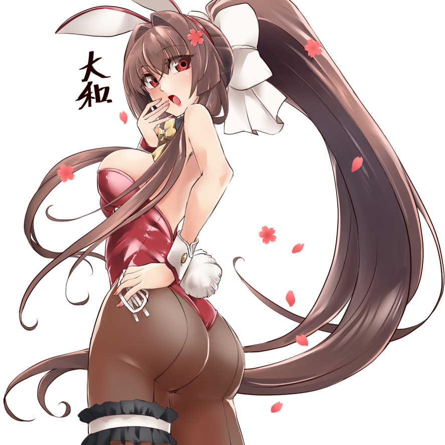 1girl animal_ears back-seamed_legwear brown_hair brown_legwear bunny_tail bunnysuit character_name cherry_blossoms commentary_request cowboy_shot detached_collar flower gold_bowtie hair_flower hair_ornament hand_on_hip kantai_collection leg_garter leotard long_hair looking_at_viewer pantyhose petals ponytail rabbit_ears red_eyes red_leotard seamed_legwear simple_background solo strapless strapless_leotard tail thong_leotard uzuki_kosuke white_background wrist_cuffs yamato_(kantai_collection)