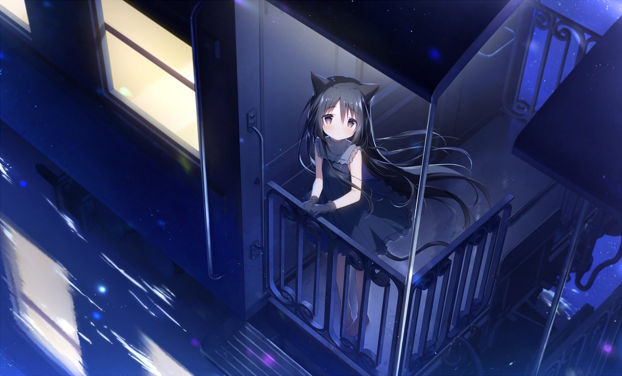 1girl animal_ears bangs bare_shoulders barefoot black_dress black_gloves black_hair blush brown_eyes cat_ears cat_girl cat_tail closed_mouth commentary_request dress eyebrows_visible_through_hair frilled_dress frills from_above gloves ground_vehicle hair_between_eyes hoshizora_tetsudou_to_shiro_no_tabi long_hair looking_at_viewer looking_up reflection shiratama_(shiratamaco) sleeveless sleeveless_dress solo standing tail train very_long_hair water