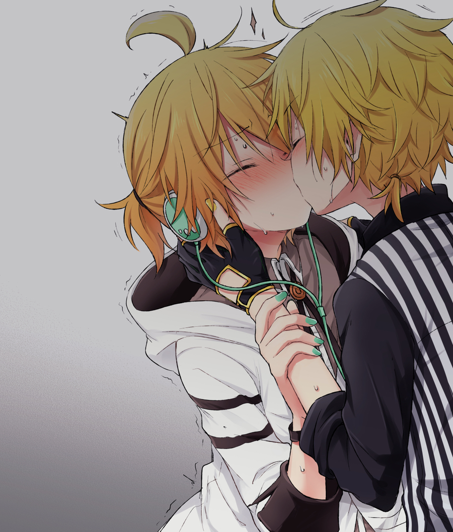 2boys ahoge black_gloves blonde_hair blush closed_mouth commentary fingerless_gloves gloves hands_on_another's_cheeks hands_on_another's_face holy_lancer_(module) hood hoodie kagamine_len kiss male_focus multiple_boys selfcest shirt short_ponytail short_sleeves striped striped_shirt sudachi_(calendar) sweat trembling upper_body vocaloid white_edge_(module) white_hoodie yaoi
