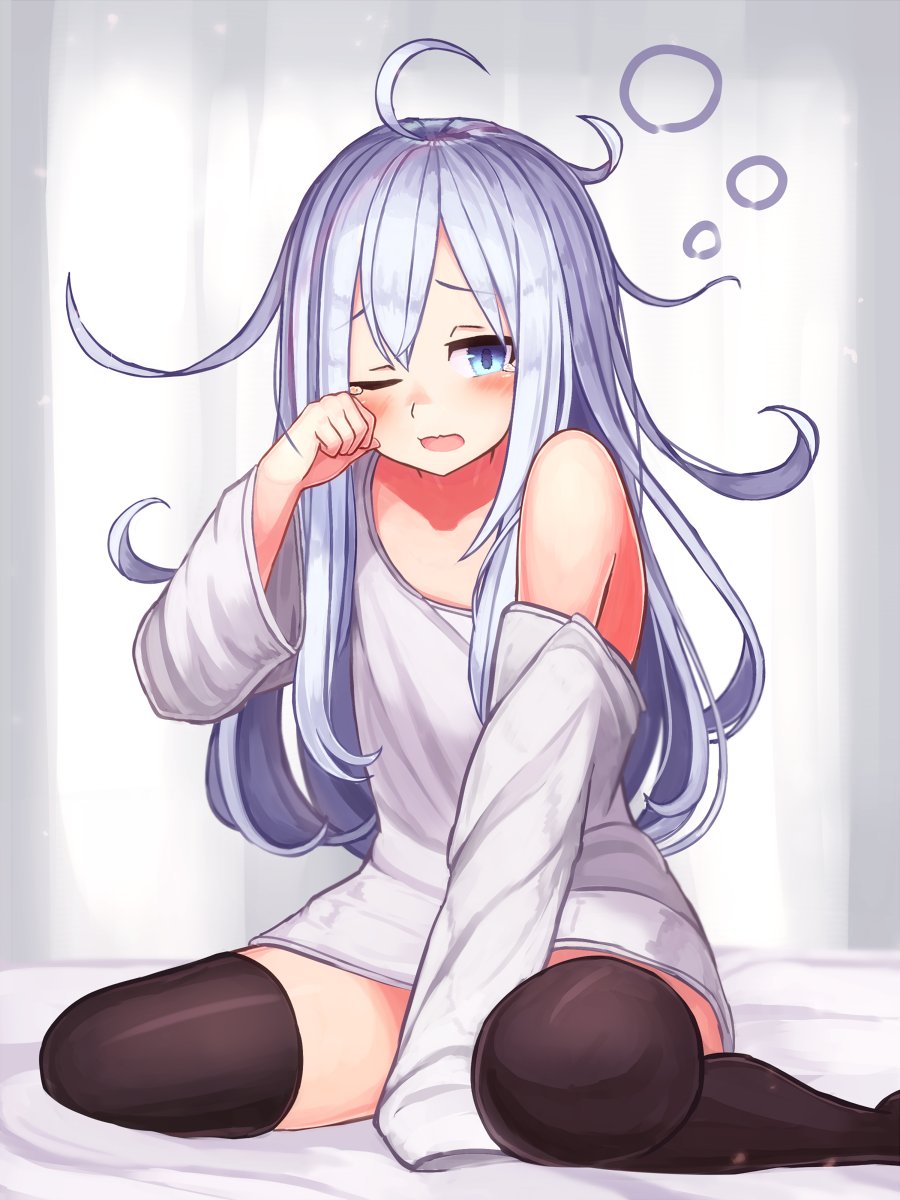 1girl bangs bed black_legwear blue_eyes blush hibiki_(kantai_collection) highres kantai_collection long_hair long_sleeves messy_hair off_shoulder on_bed one_eye_closed open_mouth reitou_mikan rubbing_eyes shirt sidelocks silver_hair sitting sitting_on_bed solo tears thigh-highs waking_up white_shirt