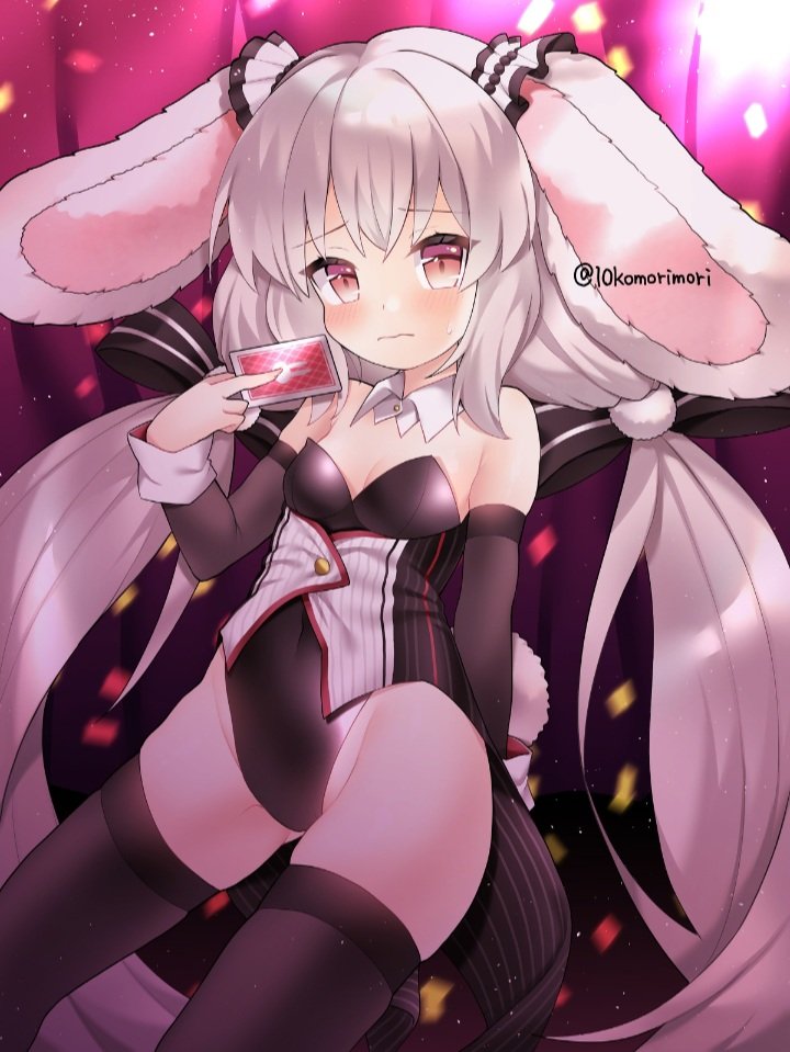 1girl animal_ears ass_visible_through_thighs bare_shoulders blush breasts bunnysuit card detached_collar detached_sleeves eyebrows_visible_through_hair grey_hair hair_between_eyes juugou_taki long_hair looking_at_viewer original playing_card rabbit_ears small_breasts solo thigh-highs twintails very_long_hair