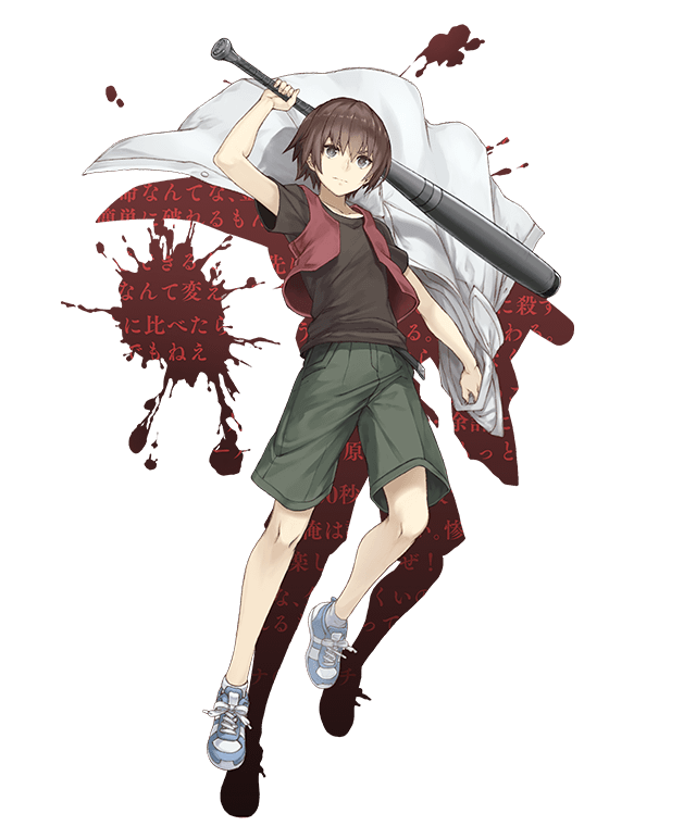 1boy arm_up brown_hair collarbone crossover drop_shadow full_body higurashi_no_naku_koro_ni ji_no looking_at_viewer maebara_keiichi metal_baseball_bat official_art shirt shoes shorts sinoalice sneakers solo t-shirt transparent_background vest violet_eyes