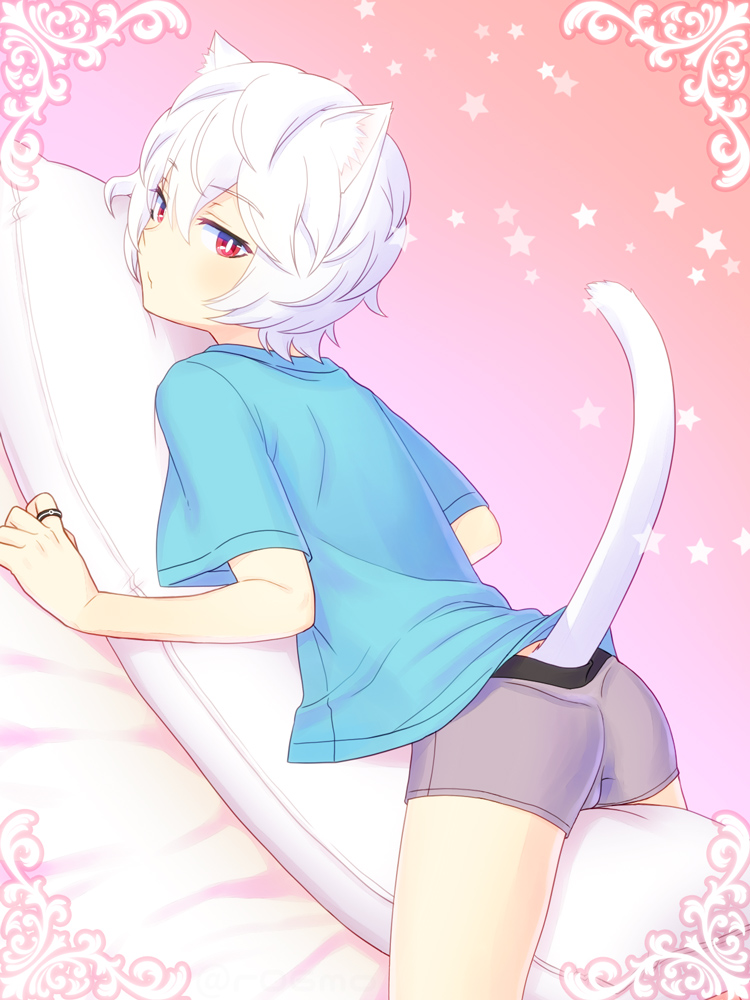 1boy animal_ears bangs blush briefs cat_boy cat_ears cat_tail eyebrows_visible_through_hair hair_between_eyes kuga_yuuma looking_at_viewer looking_to_the_side on_pillow pillow red_eyes roromo shirt solo straddling t-shirt tail underwear white_hair world_trigger