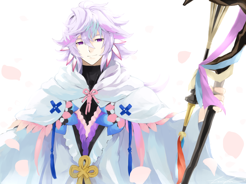 1boy ahoge bangs bishounen center_frills fate/grand_order fate_(series) flower flower_knot hair_between_eyes hair_ornament holding holding_staff holding_weapon hood hood_down hooded_robe licht0505 light_smile long_hair long_sleeves looking_at_viewer male_focus merlin_(fate) multicolored_hair petals pink_ribbon ribbon robe simple_background smile solo staff tassel turtleneck two-tone_hair upper_body very_long_hair violet_eyes weapon white_background white_hair white_robe wide_sleeves