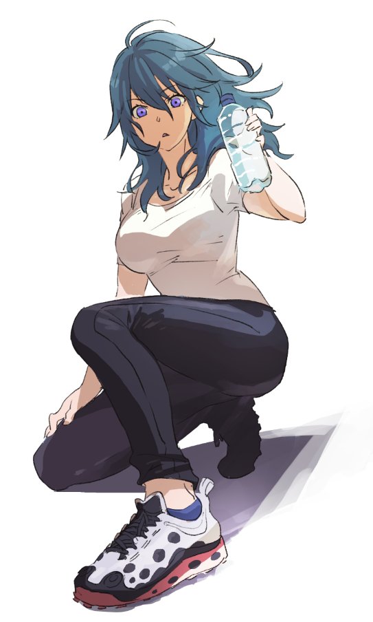 1girl alternate_costume asao_(vc) black_pants blue_eyes blue_hair bottle byleth_(fire_emblem) byleth_eisner_(female) fire_emblem fire_emblem:_three_houses full_body holding pants parted_lips shirt shoes short_sleeves simple_background solo water_bottle white_background white_shirt