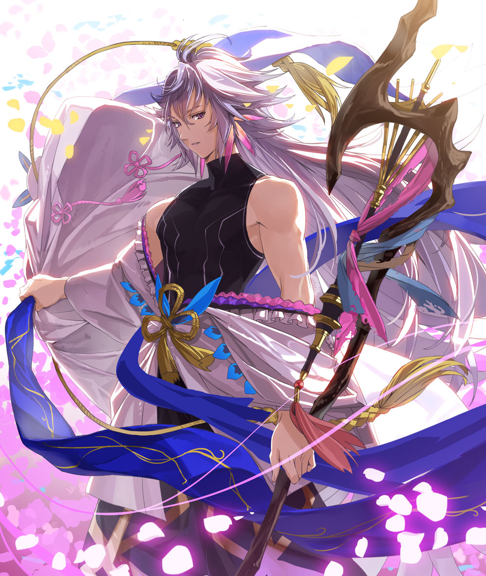 1boy ahoge bangs bare_shoulders bishounen black_pants black_shirt clothes_removed fate/grand_order fate_(series) flower hair_between_eyes hair_ornament holding holding_staff holding_weapon long_hair looking_at_viewer male_focus merlin_(fate) multicolored_hair pants parted_lips petals ribbon robe shirt solo staff two-tone_hair undressing very_long_hair violet_eyes weapon white_hair white_robe yahako