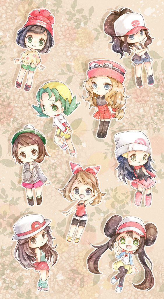 6+girls baseball_cap beanie bike_shorts black_hair black_legwear black_vest blue_(pokemon) blue_eyes boots bow brown_eyes brown_footwear brown_hair cardigan chibi closed_mouth commentary_request crystal_(pokemon) dress eyelashes green_eyes green_hair green_headwear green_legwear grey_cardigan hair_ornament haruka_(pokemon) hat hikari_(pokemon) light_brown_hair long_hair looking_at_viewer mei_(pokemon) mizuki_(pokemon) multiple_girls pink_bow pink_dress pink_footwear pink_headwear pokemon pokemon_(game) pokemon_bw pokemon_bw2 pokemon_dppt pokemon_frlg pokemon_gsc pokemon_oras pokemon_sm pokemon_swsh pokemon_xy porkpie_hat raglan_sleeves red_headwear red_skirt red_tank_top scarf serena_(pokemon) shirt short_hair short_sleeves shorts skirt smile socks sunglasses tam_o'_shanter tank_top thigh-highs tied_shirt touko_(pokemon) vest visor_cap white_headwear white_shorts yellow_shorts yomogi_(black-elf) yuuri_(pokemon)