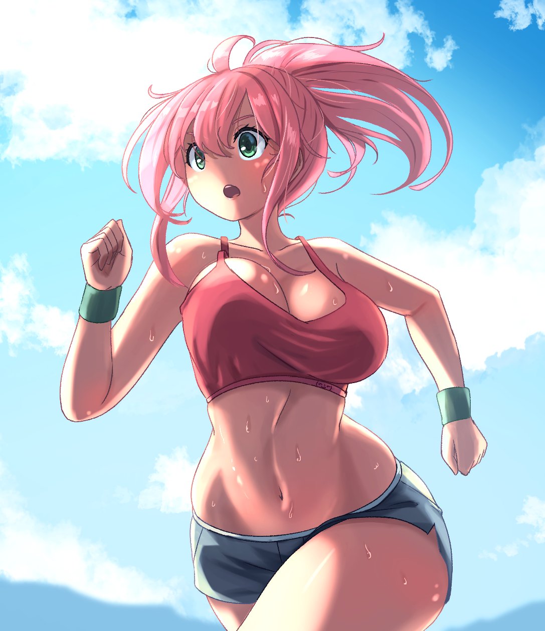 Safebooru - 1girl bouncing breasts breasts clenched hands english  commentary floating hair green eyes highres jogging kaynimatic large breasts  midriff navel open mouth original pink hair ponytail solo sweat tied hair
