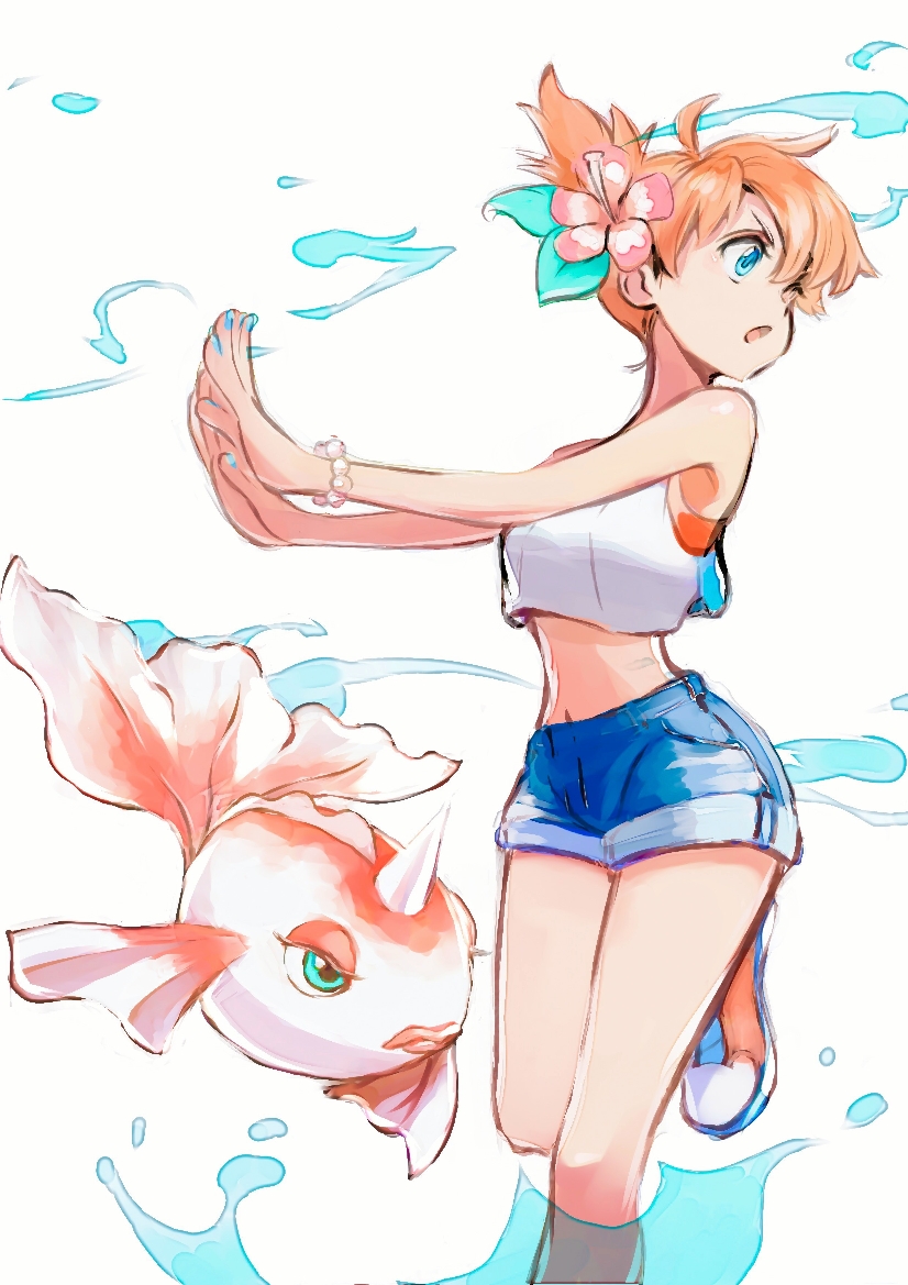 1girl aqua_eyes aqua_nails bangs blue_shorts bracelet commentary_request flower gen_1_pokemon goldeen hair_flower hair_ornament hands_up jewelry kasumi_(pokemon) leg_up looking_to_the_side nail_polish navel open_mouth orange_hair pokemon pokemon_(creature) pokemon_(game) pokemon_lgpe shiny shiny_hair shoes short_hair shorts sleeveless tongue yukiguni_(ykgn)