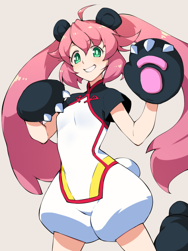 1girl ahoge animal_ears bangs bear_paws breasts eyebrows_visible_through_hair gloves green_eyes grin gundam gundam_build_divers gundam_build_divers_re:rise hair_between_eyes long_hair looking_at_viewer panda_ears panda_tail paw_gloves paws pink_hair short_jumpsuit short_sleeves small_breasts smile solo twintails very_long_hair yashiro_momoka youhei_64d