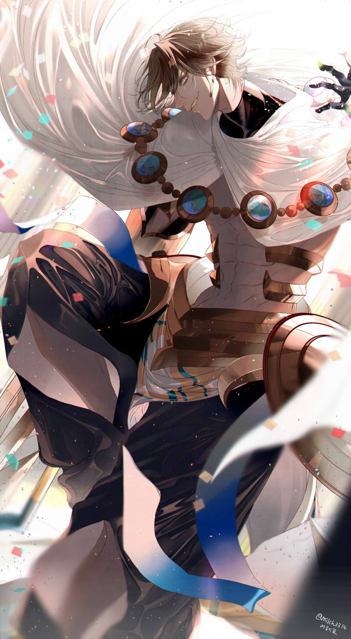 1boy abs ahoge artist_name black_gloves brown_hair cape dark_skin dark_skinned_male egyptian egyptian_clothes fate/grand_order fate/prototype fate/prototype:_fragments_of_blue_and_silver fate_(series) gauntlets gloves hair_between_eyes highres jewelry looking_to_the_side male_focus milch3314 muscle necklace ozymandias_(fate) parted_lips shirtless shrug_(clothing) smirk solo twitter_username white_cape yellow_eyes