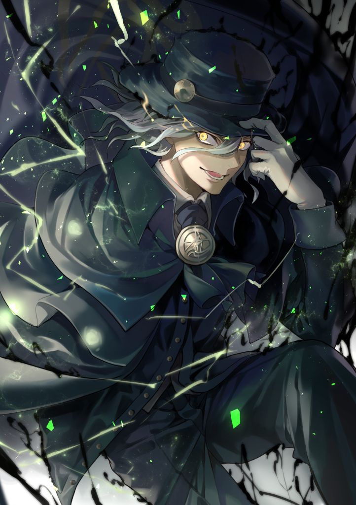 1boy aura black_cape black_headwear black_jacket black_pants cape collared_shirt edmond_dantes_(fate/grand_order) electricity fate/grand_order fate_(series) formal gloves hat jacket long_sleeves looking_at_viewer male_focus medium_hair noes open_mouth pants shirt silver_hair solo suit white_gloves white_shirt wing_collar yellow_eyes