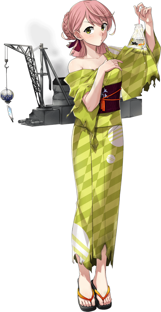 1girl akashi_(kantai_collection) alternate_hairstyle bag bagged_fish braid fish fujikawa full_body goldfish japanese_clothes kantai_collection kimono machinery official_art pink_hair sash short_hair transparent_background wide_sleeves yellow_kimono yukata