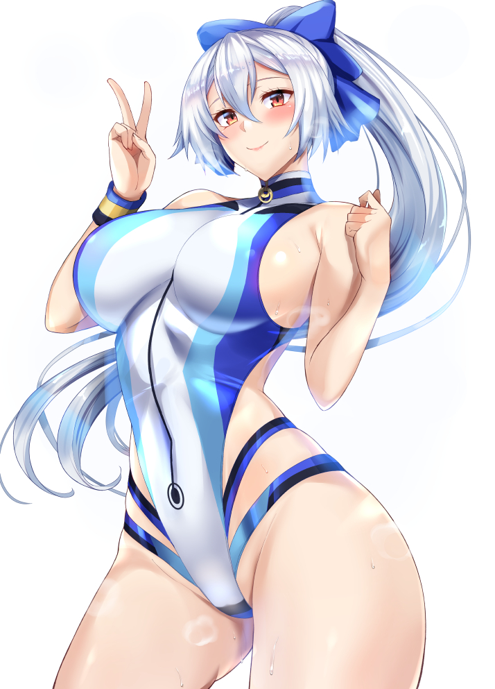 1girl bangs blue_bow blue_swimsuit blush bow breasts closed_mouth fate/grand_order fate_(series) hair_between_eyes hair_bow highleg highleg_swimsuit kumakichi_(cost-lost) large_breasts long_hair looking_at_viewer one-piece_swimsuit ponytail red_eyes silver_hair simple_background swimsuit thighs tomoe_gozen_(fate/grand_order) tomoe_gozen_(swimsuit_saber)_(fate) two-tone_swimsuit v white_background white_swimsuit wristband