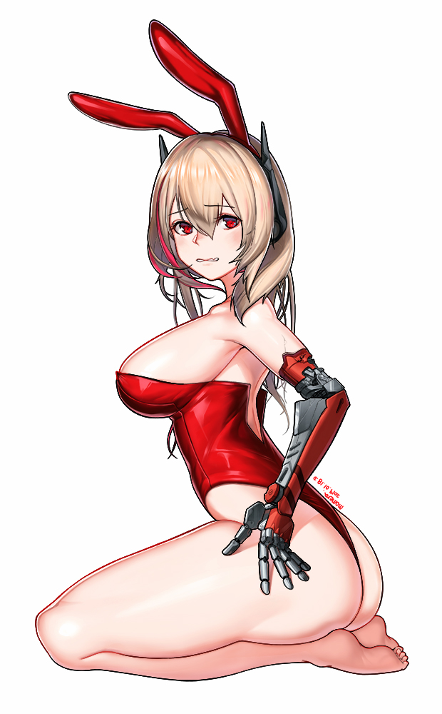 1girl animal_ears bare_legs barefoot blonde_hair blush breasts bunny_girl bunnysuit dated eyebrows_visible_through_hair girls_frontline hair_between_eyes large_breasts long_hair looking_at_viewer m4_sopmod_ii_(girls_frontline) mechanical_arm momera no_shoes rabbit_ears red_eyes sitting sitting_on_floor solo thighs white_background