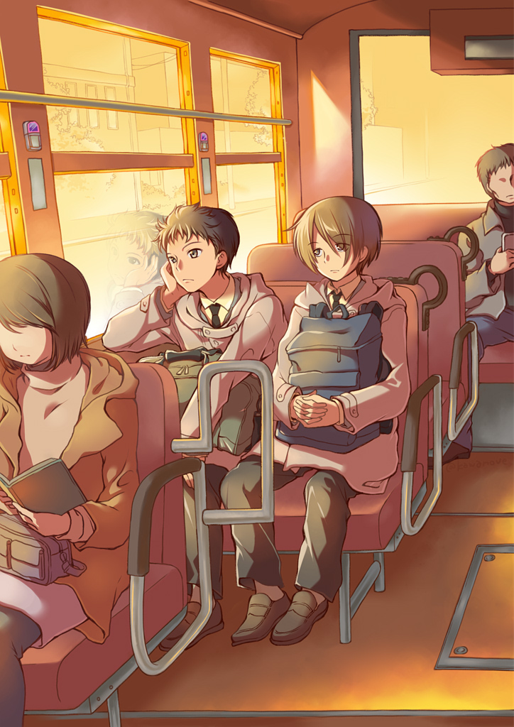 1girl 3boys backpack bag black_neckwear black_pants book brown_hair brown_jacket bus_interior faceless faceless_female grey_jacket hair_over_one_eye interlocked_fingers jacket kawanobe long_sleeves male_focus multiple_boys necktie original pants pantyhose pencil_skirt reflection sitting skirt sunset uniform window