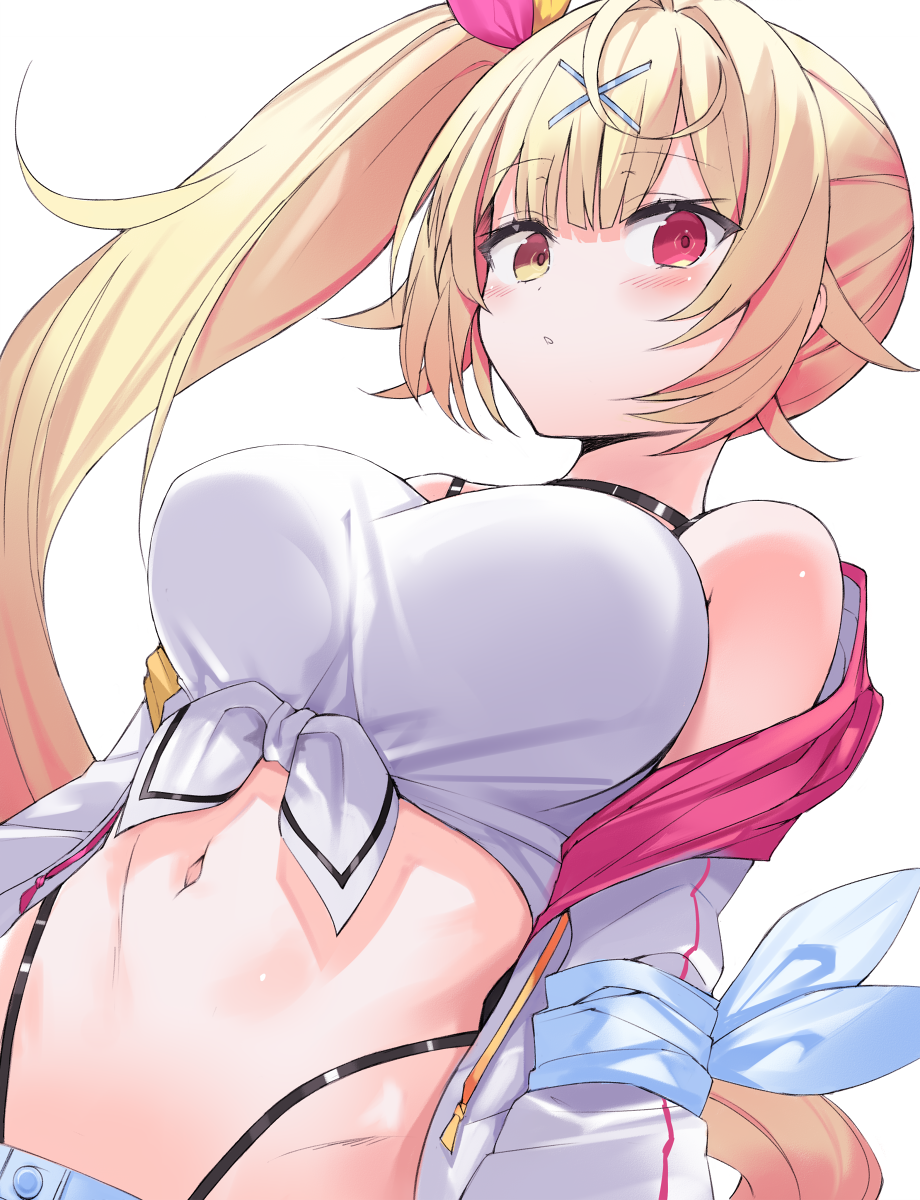 1girl :o arm_ribbon bangs black_choker blonde_hair blue_ribbon breasts choker commentary_request crop_top drawstring eyebrows_visible_through_hair from_below front-tie_top hair_ornament heterochromia highres hoshikawa_sara jacket kuhotaka large_breasts long_hair long_sleeves looking_at_viewer looking_down navel nijisanji off_shoulder open_clothes open_jacket parted_lips red_eyes ribbon shirt side_ponytail simple_background solo stomach thong tied_shirt upper_body very_long_hair white_background white_jacket x_hair_ornament yellow_eyes