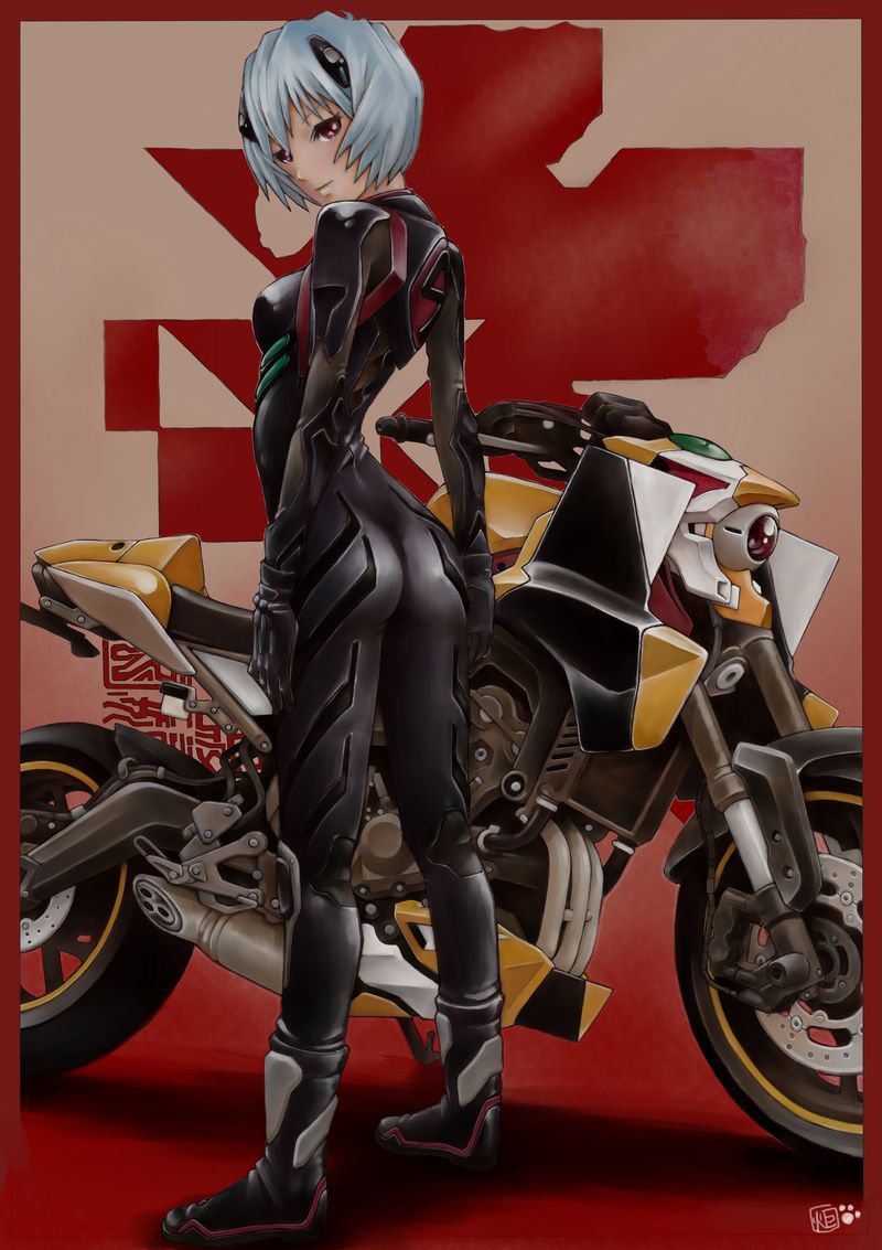 1girl ass ayanami_rei biker_clothes blue_hair blush bodysuit breasts eva_00 ground_vehicle kotatsu-spirit motor_vehicle motorcycle neon_genesis_evangelion nerv plugsuit rebuild_of_evangelion red_eyes short_hair solo