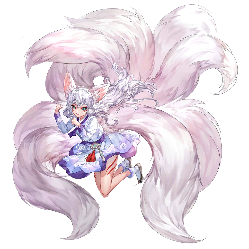 1girl amulet animal_ears aqua_eyes bare_legs boots facial_mark floating_hair fox_ears fox_girl fox_tail full_body hands_up japanese_clothes king's_raid kyuubi large_tail leg_tattoo legs_up long_hair long_sleeves looking_at_viewer miko multiple_tails official_art shirt skirt solo tail tassel tattoo tongue tongue_out transparent_background very_long_hair viska_(king's_raid) white_footwear white_hair white_shirt white_skirt