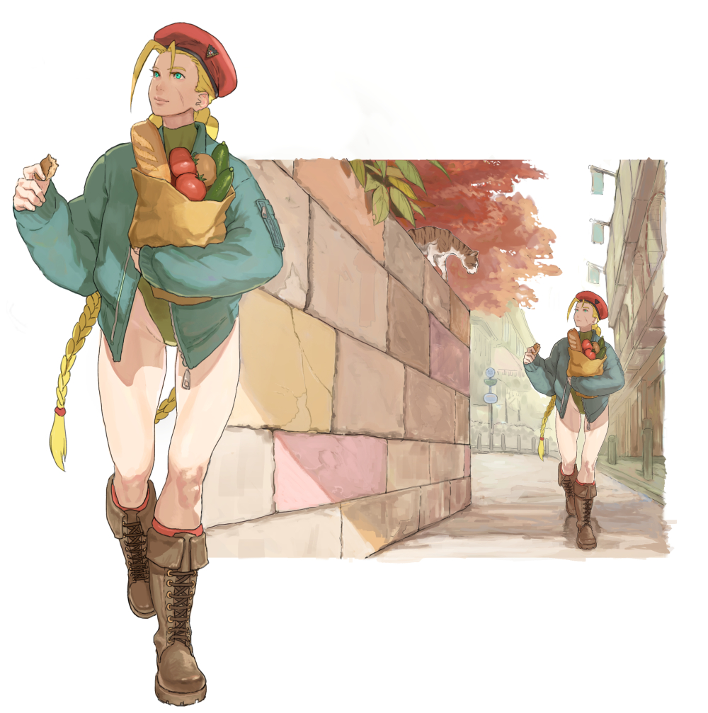 1girl alley bag beret blonde_hair boots braid bread cammy_white cat commentary_request food green_leotard grocery_bag hat holding holding_bag holding_food jacket leotard long_hair looking_up outdoors paper_bag scar shopping_bag signpost smile solo sora-bakabon stone_wall street_fighter street_fighter_v tomato tree twin_braids wall