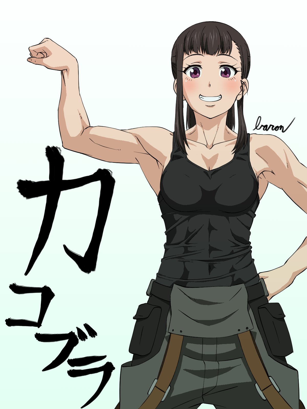 1girl bare_shoulders baron_(varon666) blush breasts collarbone commentary_request covered_abs cowboy_shot en'en_no_shouboutai flexing highres looking_at_viewer maki_oze muscle muscular_female pose simple_background sleeveless small_breasts smile solo teeth translation_request violet_eyes white_background