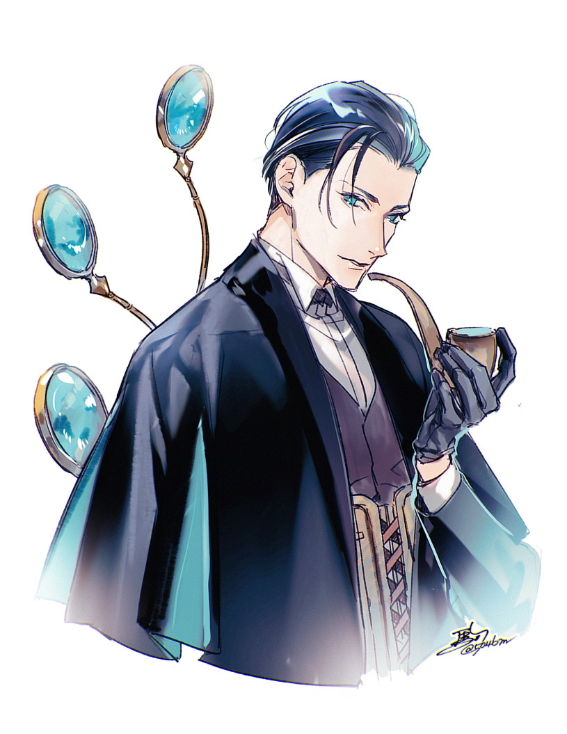 1boy 5046m bangs black_bow black_gloves black_hair black_jacket black_neckwear blue_eyes blue_jacket bow bowtie collared_shirt fate/grand_order fate_(series) formal gloves jacket long_sleeves looking_at_viewer male_focus neckwear sherlock_holmes_(fate/grand_order) shirt short_hair signature simple_background solo suit upper_body white_background white_shirt