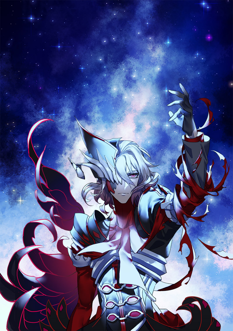 1boy antonio_salieri_(fate/grand_order) arm_up black_gloves black_jacket clouds collared_shirt cravat fate/grand_order fate_(series) formal gloves jacket krab long_sleeves male_focus neckwear one_eye_covered pinstripe_pattern red_neckwear red_shirt shirt short_hair silver_hair sky solo star_(sky) starry_background starry_sky striped suit transformation white_hair