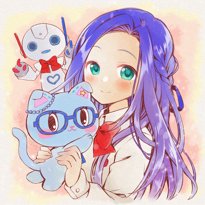 1girl animal blue-framed_eyewear blue_eyes blue_hair blue_ribbon bow braid cat glasses hair_ribbon holding holding_animal holding_cat imai_kotoko kawanobe looking_at_viewer mewkledreamy mole mole_under_eye red_bow ribbon robot shirt simple_background upper_body white_shirt