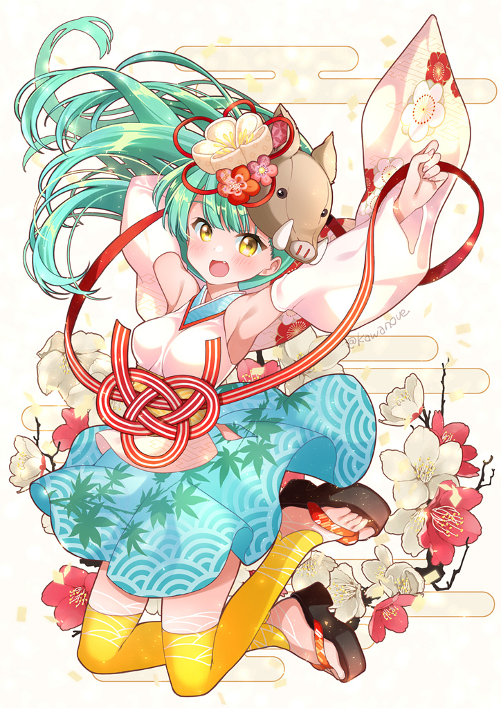 1girl :d animal_on_head aqua_hair artist_name blue_skirt boar breasts detached_sleeves egasumi floral_print flower hair_flower hair_ornament japanese_clothes jumping kawanobe kimono leaf_print new_year on_head open_mouth original personification red_ribbon reiwa ribbon simple_background skirt small_breasts smile thigh-highs white_background yellow_eyes yellow_legwear