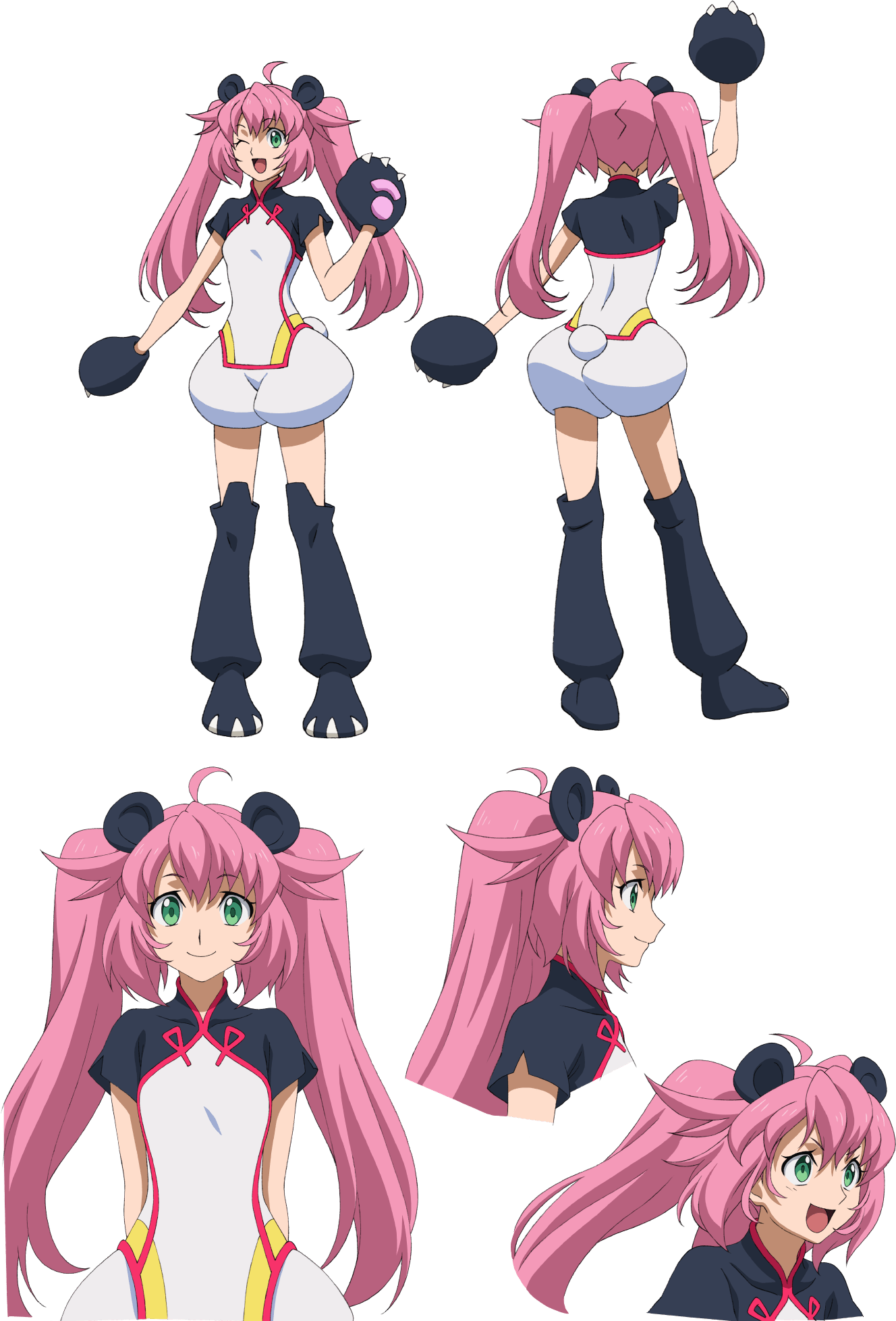 1girl animal_ears character_sheet fake_animal_ears green_eyes gundam gundam_build_divers gundam_build_divers_re:rise highres long_hair momo_(gundam_build_divers) multiple_views official_art one_eye_closed pink_hair twintails waving yashiro_momoka