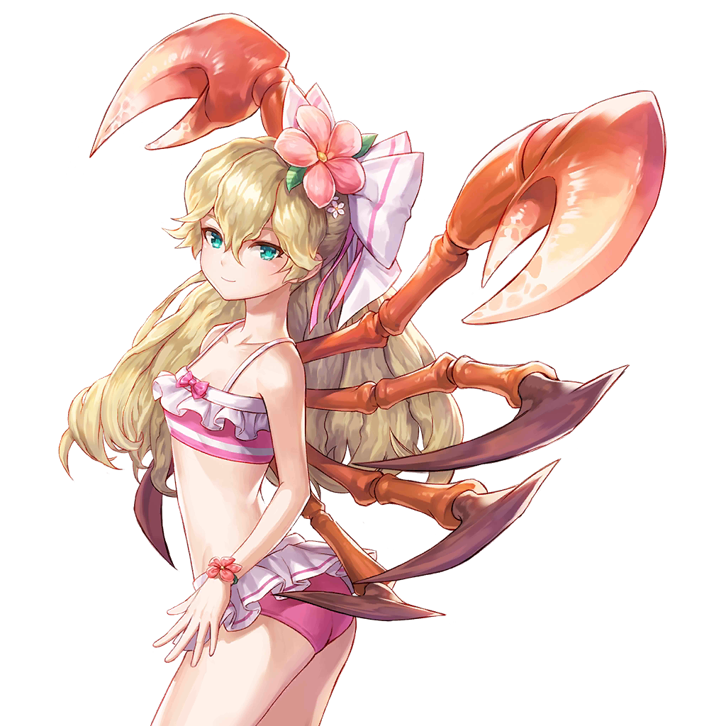 1girl aqua_eyes ass bare_arms bare_shoulders bikini blonde_hair bow bracelet breasts collarbone cowboy_shot crab_claw flower frilled_bikini frills hair_between_eyes hair_bow hair_flower hair_ornament jewelry king's_raid long_hair looking_at_viewer official_art pincers pink_bikini ponytail small_breasts smile solo stomach swimsuit thighs transparent_background twisted_torso viska_(king's_raid)